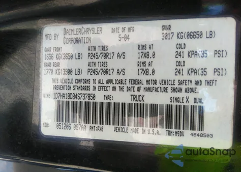 2004 Dodge Ram 1500 Slt/Laramie из США, поврежденный, VIN 1D7HA18D84S737850